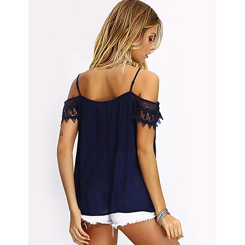 Women's Solid Patchwork Lace Chiffion Off-The-Shoulder Hollow Out Tanks ...